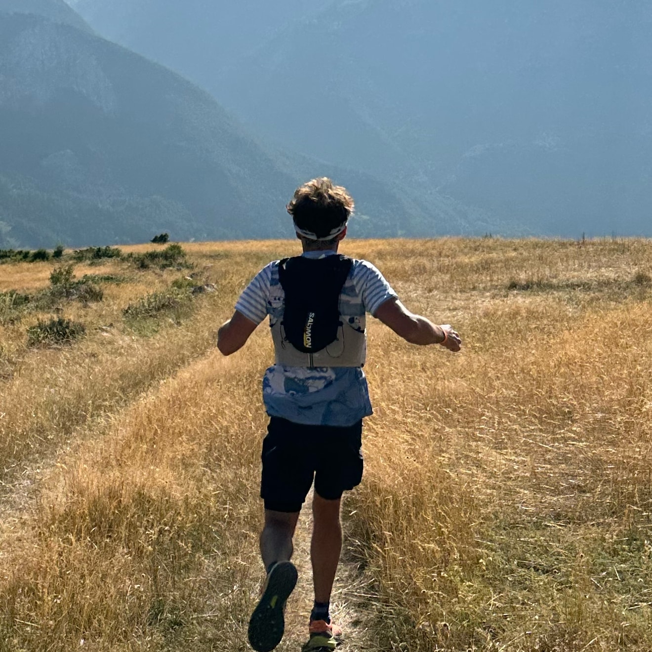 Un coureur sur un sentier de montagne, en qualité originale : herbes, cheveux et logo du sac nets